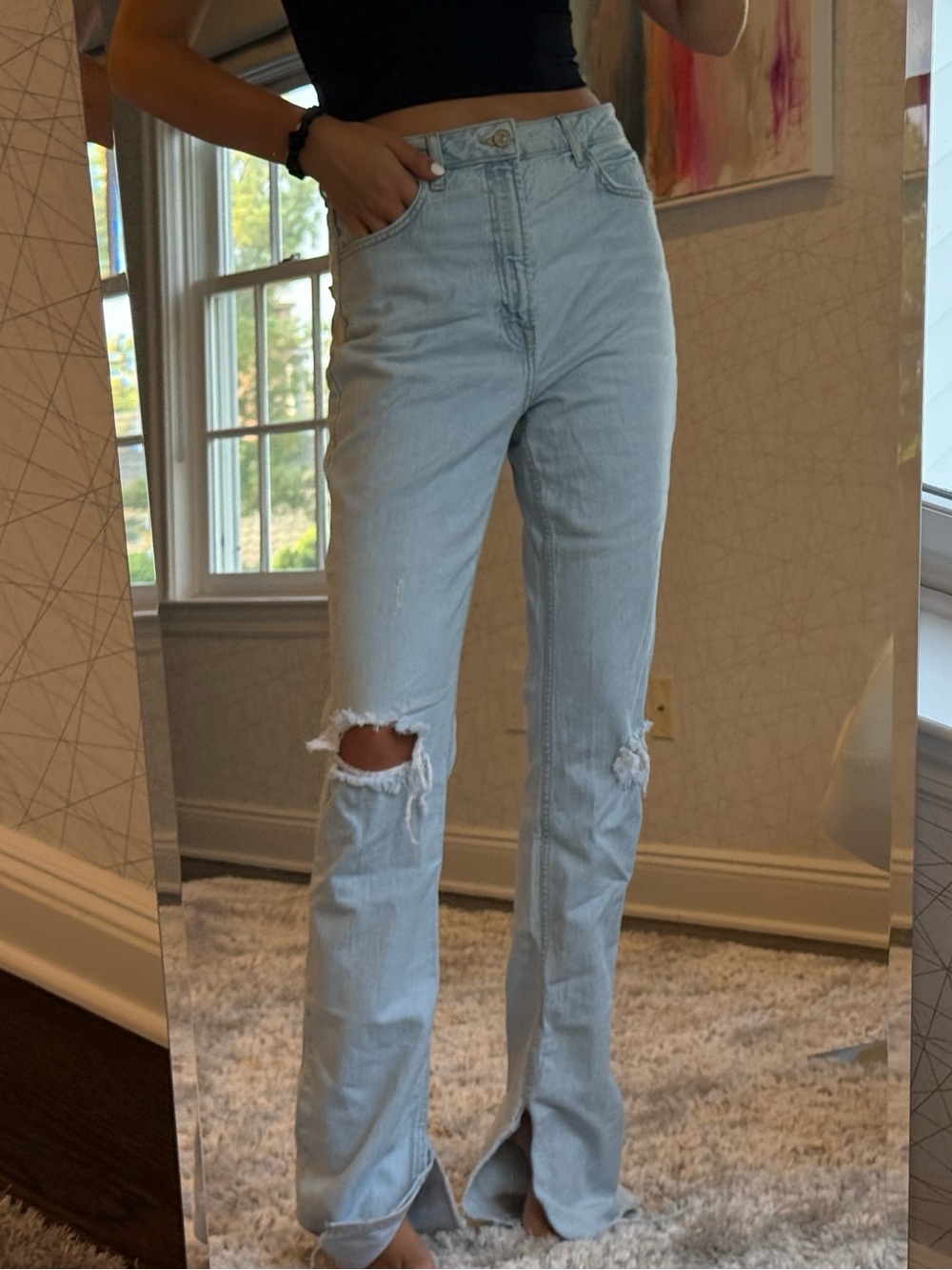 Zara Light Blue Ripped High-Rise Flare Jeans